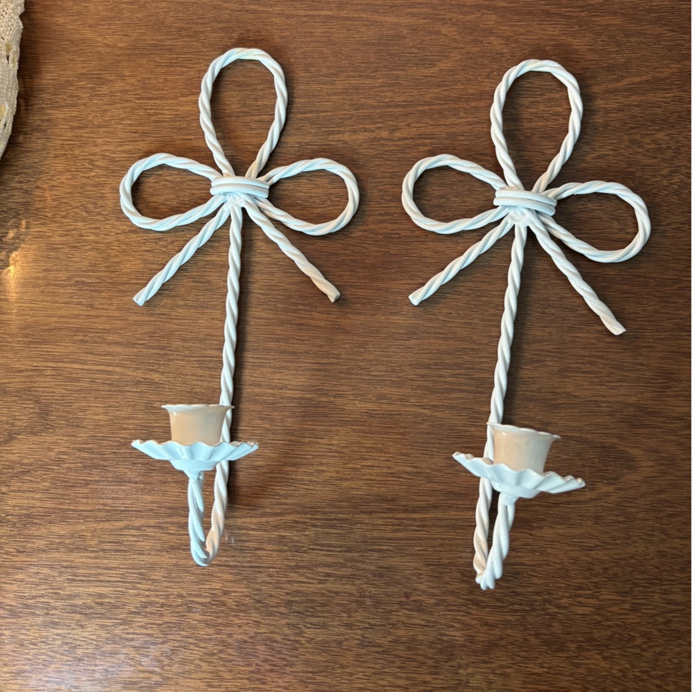 Vintage Homeco White Twisted Metal Bow Candle Holders - Set of 2